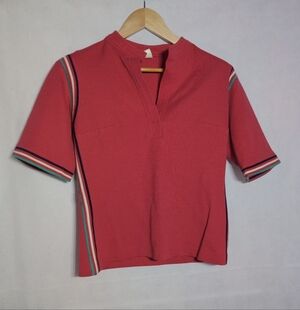 Vintage C&A Women's Pink Red Top with Striped Sleeves M Wool Blend